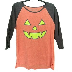 Jack-o-lantern Women's XL Pumpkin Face Raglan Shirt Orange Black